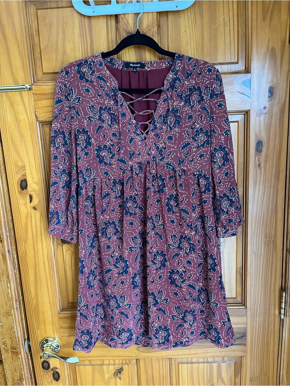 Madewell Red Floral Lace-Up Silk Dress